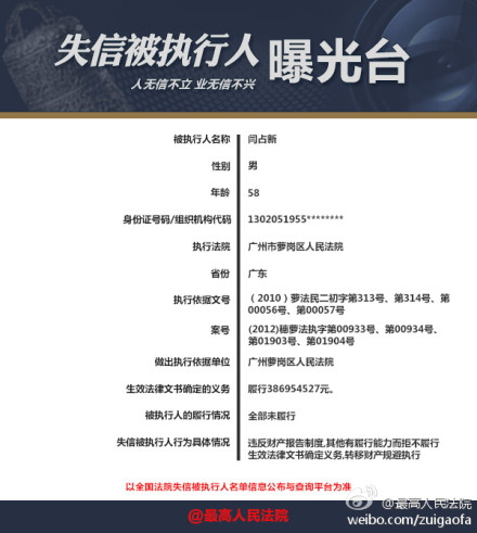 文山最高法官微每日曝2名“老赖” 信用惩戒进“微时代”